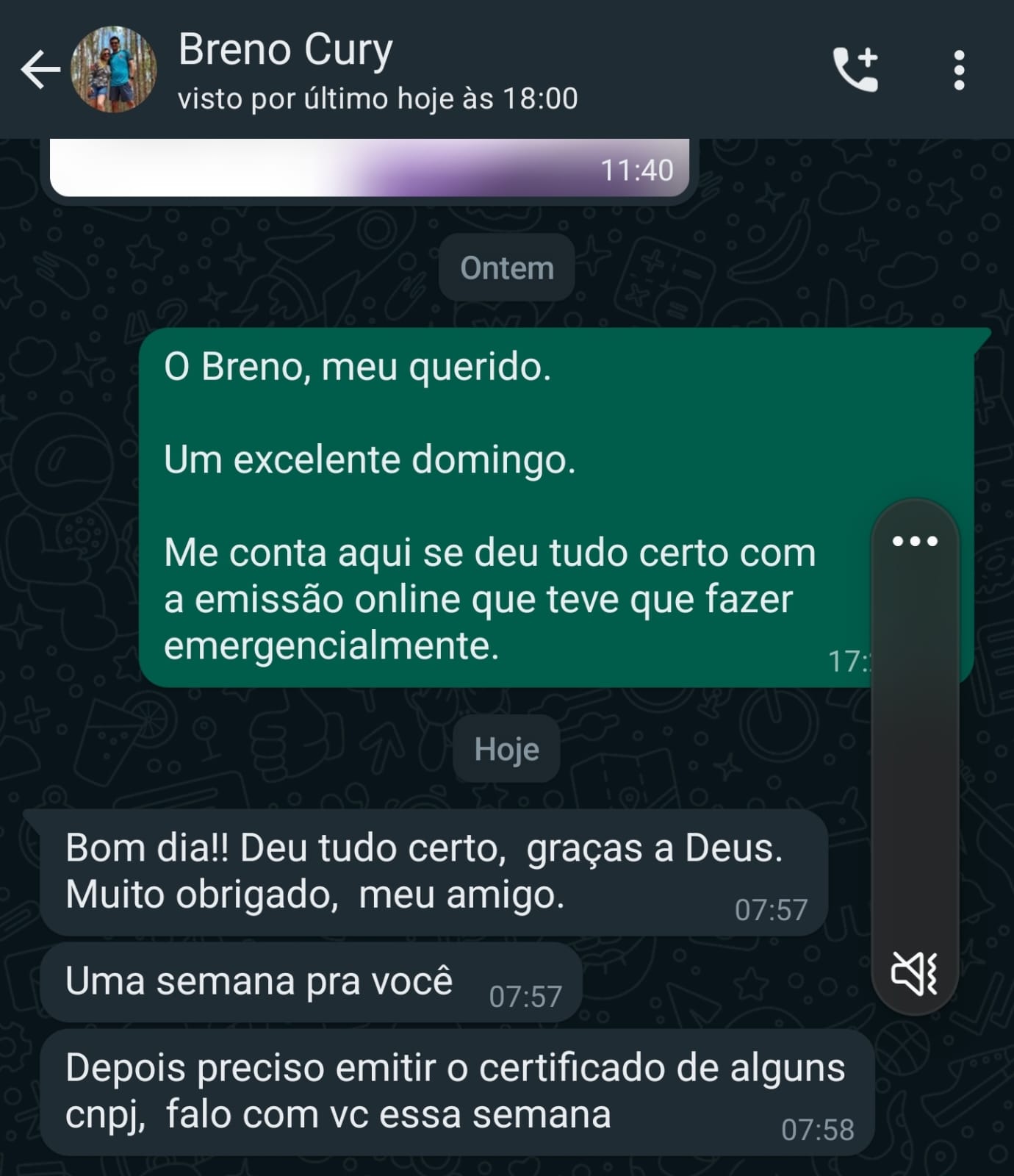 Print real de conversa no WhatsApp com Breno Cury: a equipe pergunta se deu tudo certo com a emissão online emergencial e ele responde 'Deu tudo certo, graças a Deus. Muito obrigado, meu amigo' e avisa que precisará emitir o certificado de outros CNPJs.